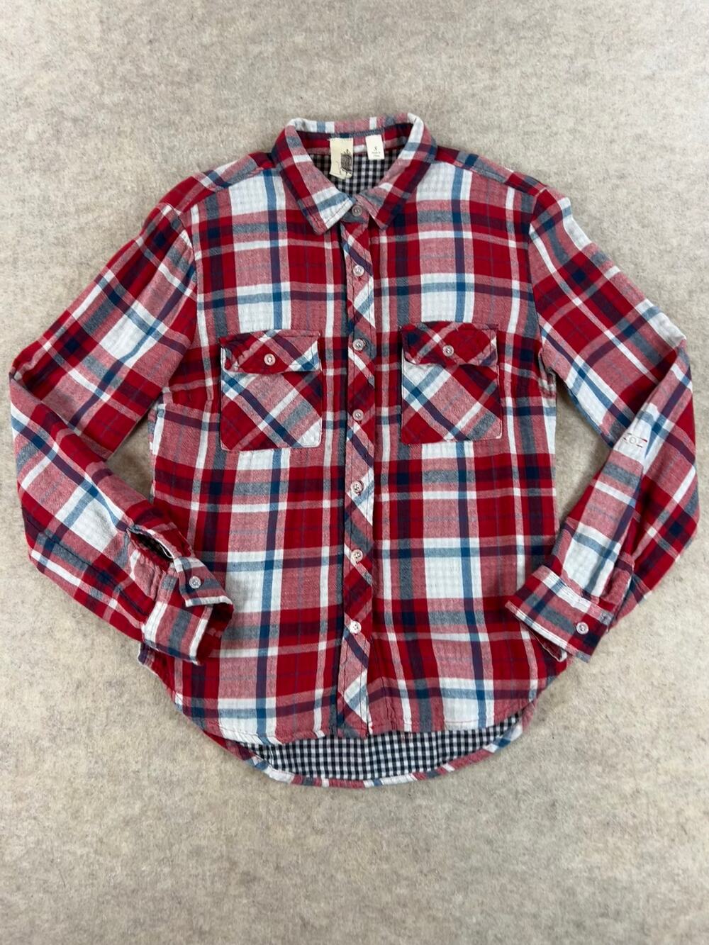 Francesca's Red White Blue Plaid Button Up Shirt Gingham Lining Roll Tab Small